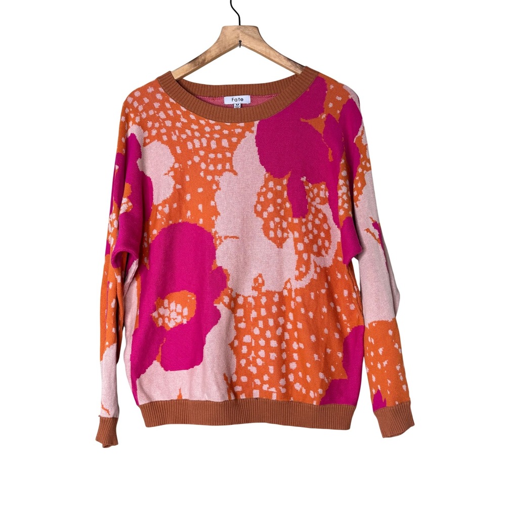 Fate Womens Pink Orange Floral Intarsia Knit Cotton Sweater FW6903 Size M